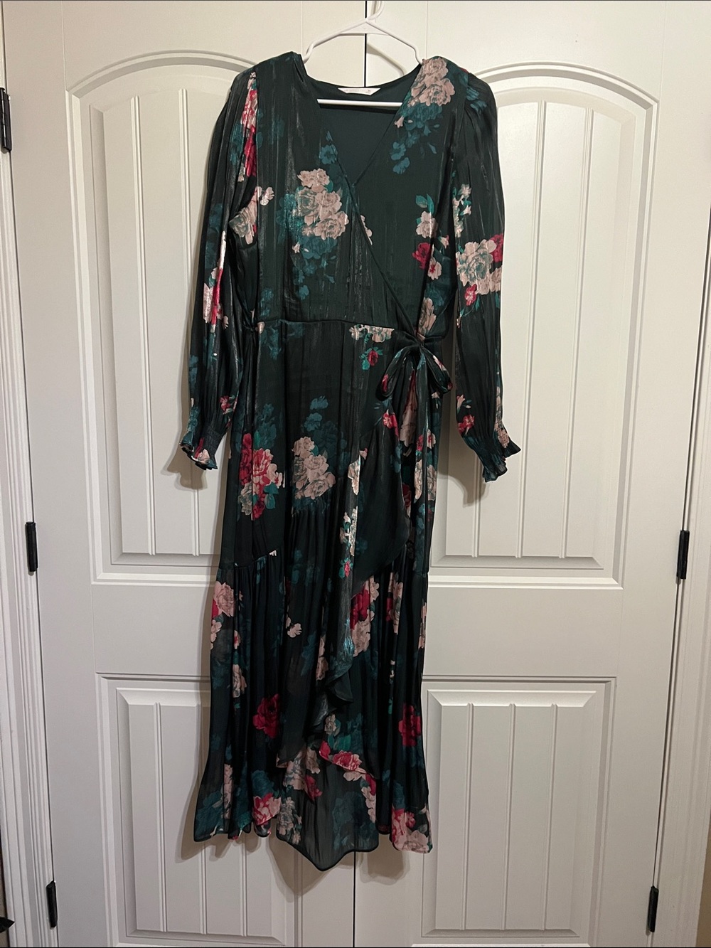 LC Lauren Conrad Dark Green Floral Wrap Midi Dress with Long Sleeves
